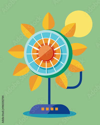 Bring relief to those scorching summer days with this compact fan that runs solely on solar energy.. Vector illustration