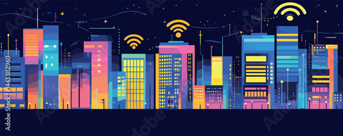 Futuristic smart city at night with vibrant skyscrapers and wireless connectivity symbols.