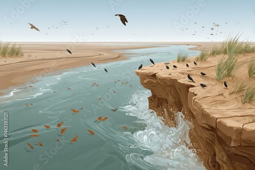 Serene Riverbank Landscape with Birds and Calm Water Flowing