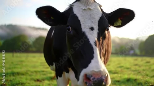 Holstein cow chewing cud in sunny field with distant mountains