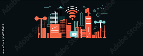 Futuristic smart city skyline with wi-fi and digital connectivity elements.