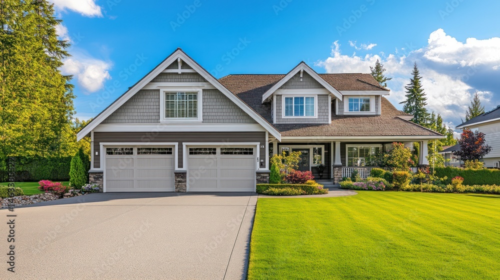 Obraz premium Beautiful suburban home with lush lawn and blue sky