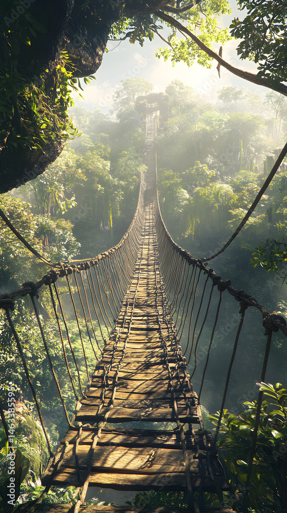 Fototapeta premium Suspended Pathway: Navigating Nature's Canopy on a Thrilling Rope Bridge Adventure