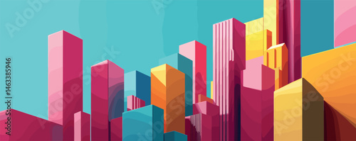 Vibrant abstract cityscape with multicolored geometric skyscrapers against a blue sky.