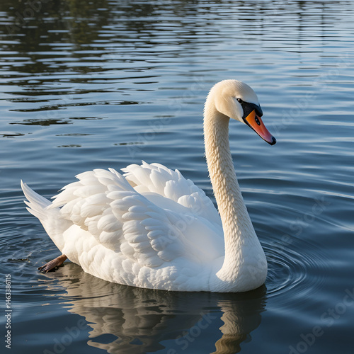 Graceful white swan swimming peacefully on a calm lake