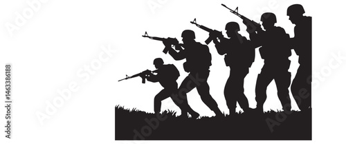 Silhouette Soldiers in Combat Stance with Rifles – Military Action Illustration