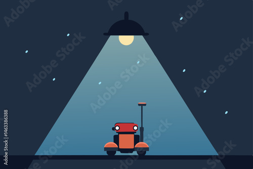 a food delivery bot stuck under a streetlight 