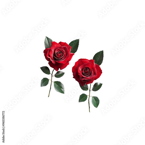 Two Lush Red Roses, Isolated on Transparent Background: Perfect for Valentine's Day, Romance, and Floral Designs.  High-Resolution Image Ideal for Print and Digital Media.