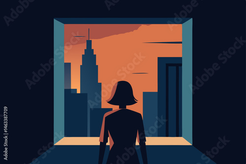 a girl looking out a high rise window at the 