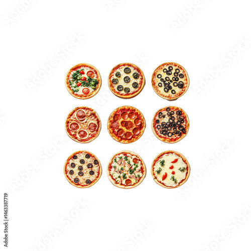 Collection of Nine Mini Pizzas with Assorted Toppings, Isolated on Transparent Background, Perfect for Menu Design or Food Blog