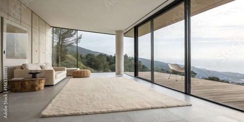 Minimalist Living Room with Panoramic Mountain View, Beige Rug, Modern Sofa, Large Windows, Interior Design Keywords Interior Design, Modern Home