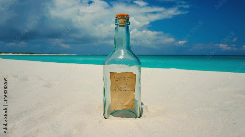 Glass bottle with message on sandy beach against blue ocean and sky