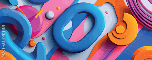 Colorful abstract 3d shapes in overlapping layers with blue, pink, and orange highlights.