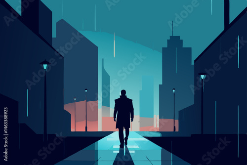 a lone figure walking through a rainy cyberpunk