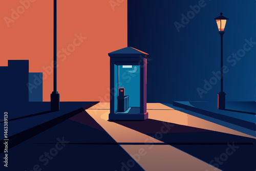 a lone payphone glowing on a deserted block 
