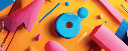 Colorful abstract geometric shapes on yellow background with 3d effect.
