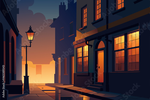 a misty dublin pub street with warm glow from wind 