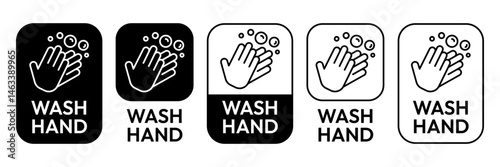 Wash or washing hands to keep clean icon set. Disease prevention protect, sanitizer, antiseptic, antibacterial symbols. Wash hands with rinse water, tap, soap, label, badge, logo, black, line, vector.