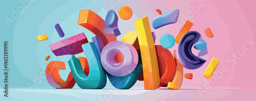 Colorful 3d abstract art with bold shapes and vibrant colors on a gradient background.