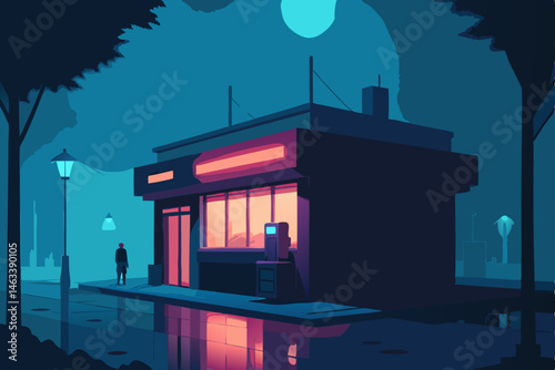 a neon lit pawn shop surrounded by fog and silence 