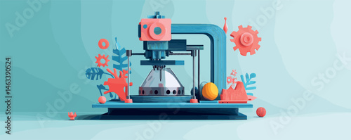 Colorful 3d printer with geometric shapes and gears on light background.