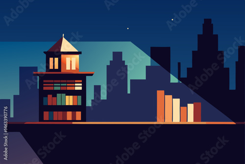 a quiet rooftop library glowing gently above 