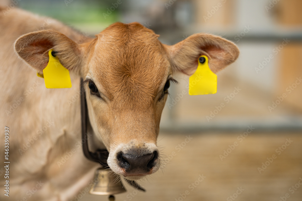 Dairy farming. Cute calf in a farm. Calf in the countryside. Farm life with cattle and calves. Little calf in a rural farmland. Bovine animals. Farming with cattle. Beef calf.