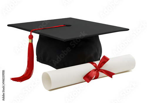 Classic graduation cap with red tassel and rolled diploma tied with a red ribbon, symbolizing achievement and academic success isolated on white or transparent background. PNG