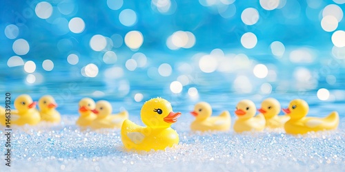 Adorable Yellow Rubber Ducks in a Sparkling Blue Water Setting: A Playful and Whimsical Scene