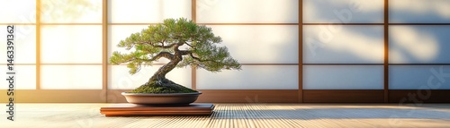 Minimalist bonsai tree on a tatami mat in a traditional Japanese room soft diffused light through shoji screens creating a peaceful and contemplative setting