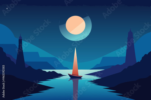 a single boat drifting past glowing towers 
