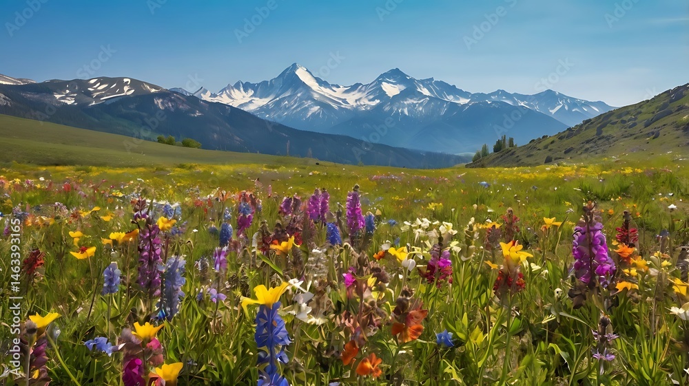 Obraz premium Vibrant wildflowers blooming in a lush meadow with majestic snow capped mountain backdrop