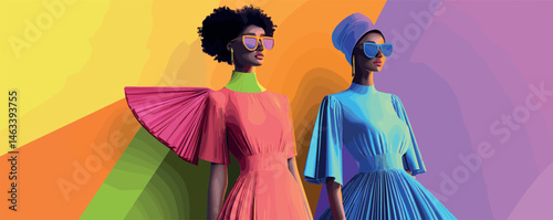Colorful fashion: two stylish women in vibrant dresses with sunglasses against abstract background.
