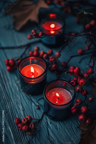 Cozy red candlelight ambiance surrounded by autumn berries on a wooden table