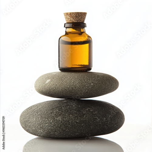 Essential oil bottle on stacked stones isolated on white background