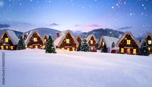 Snow-Covered Village at Dusk with Glowing Windows and Falling Snowflakes Creating a Cozy Holiday Atmosphere