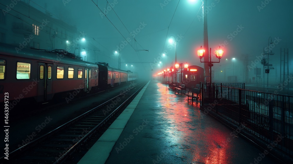 Fototapeta premium Foggy train station at night