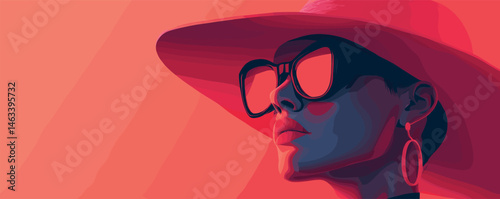 Stylish woman in sunglasses and hat with earrings against vibrant orange background.