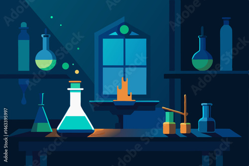 alchemist s office with glowing flasks and formula
