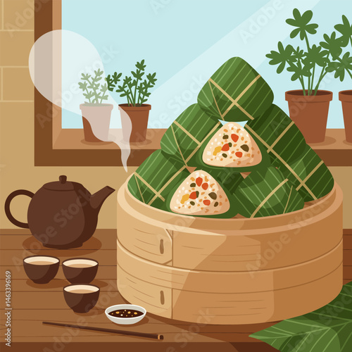Serving Traditional Rice Dumplings with Tea on Wooden Table Top