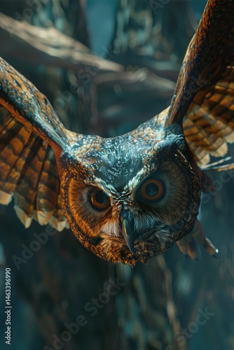Majestic owl in flight within the dimly lit forest environment