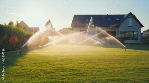 Sprinkler system watering lawn in residential yard with bright sunlight