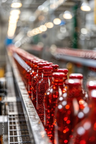Red glass bottles aligned on a production line in a factory setting