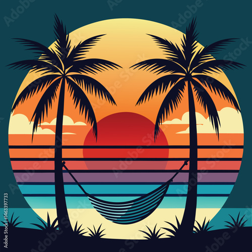 Tropical palm trees silhouette against a vibrant sunset on a serene beach