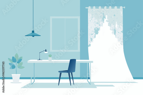 all white office with lace curtains  floating desk