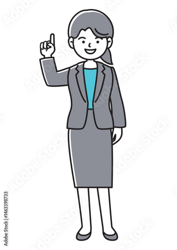指さしをする、あるいは1番をアピールするスーツの女性の正面向きベクターイラスト
