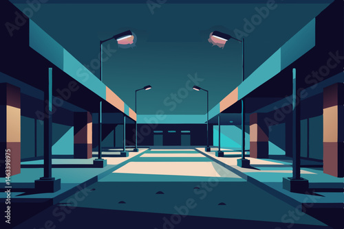 an abandoned mall lit by malfunctioning emergency  