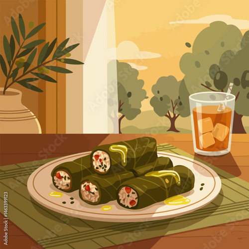 Stuffed Grape Leaves on Plate with Drink Illustration Near Window