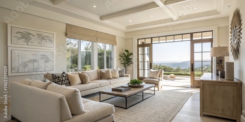 Serene Living Room Neutral Palette, Coffered Ceiling, Panoramic View, Modern Farmhouse Decor. Interior Design, Home Decor Interior Design, Modern Farmhouse