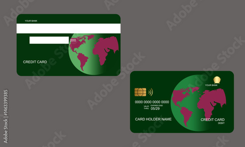 Set of Credit Cards Dark Green Pink Colors
